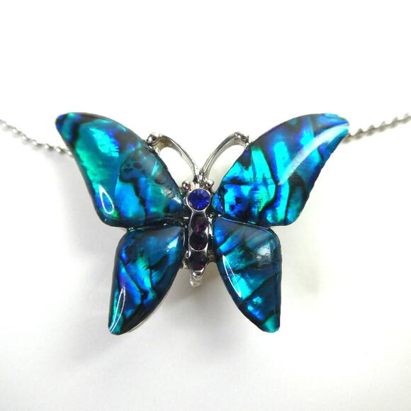 Abalone Shell Rhinestone Sparkly Butterfly Slide Pendant Silver Tone Necklace - Picture 1 of 12